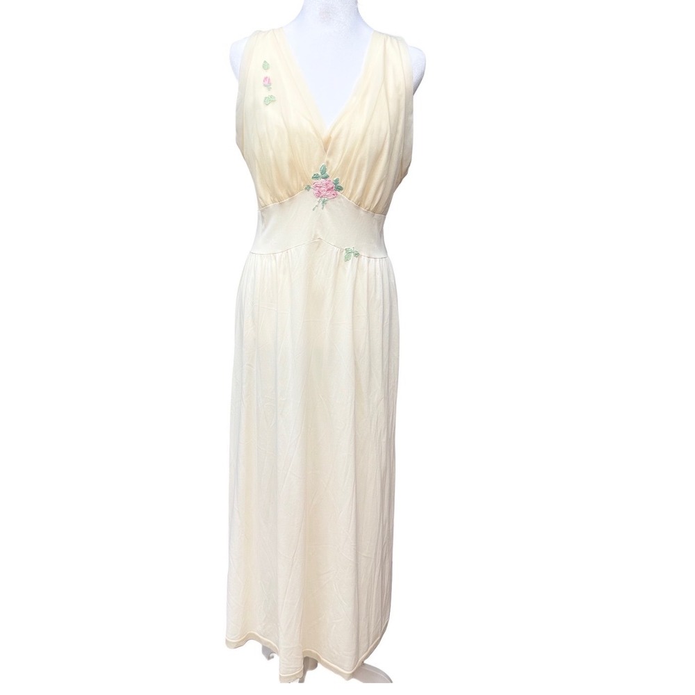 Vintage 60s Cream Floral Babydoll Maxi Nightgown Lingerie Romantic Ethereal - Picture 3 of 16